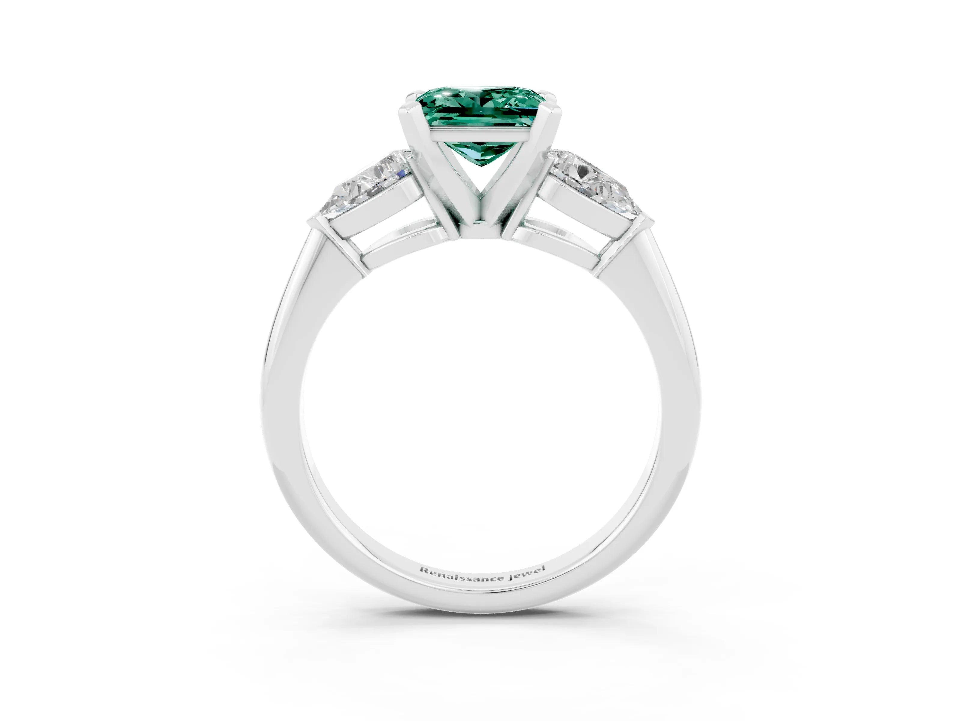 White gold Three-Stone Princess Cut Green Sapphire Ring with Pear Side Stones and Four-Prong Setting_3