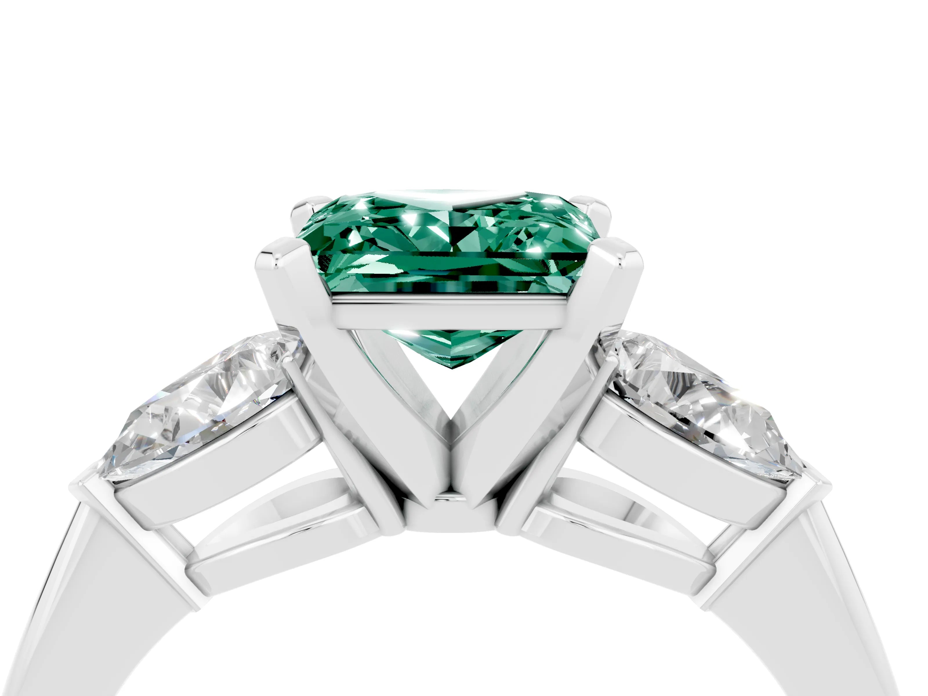 White gold Three-Stone Princess Cut Green Sapphire Ring with Pear Side Stones and Four-Prong Setting_4