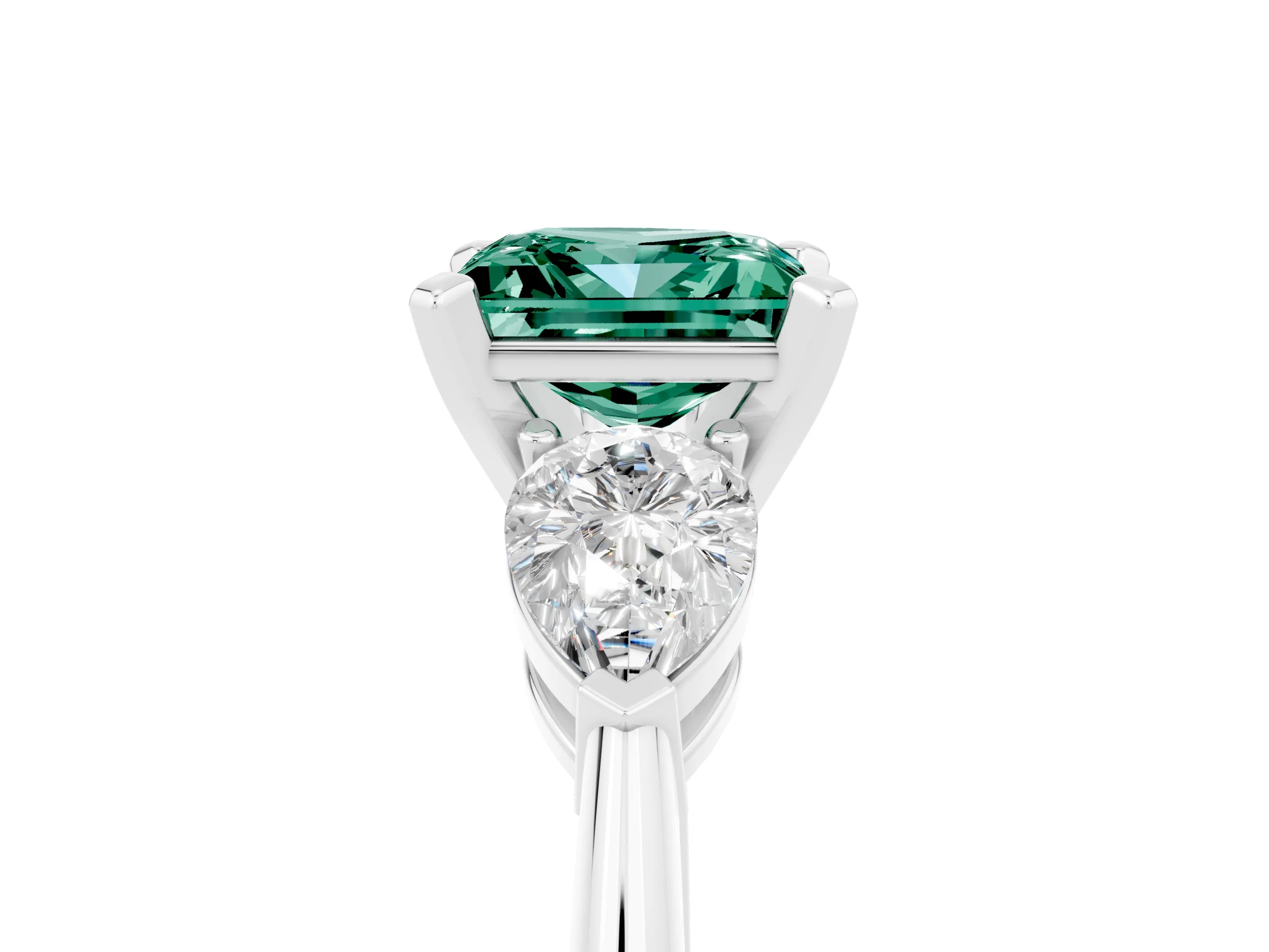 White gold Three-Stone Princess Cut Green Sapphire Ring with Pear Side Stones and Four-Prong Setting_5