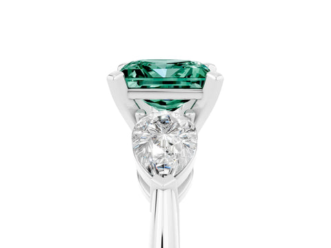 White gold Three-Stone Princess Cut Green Sapphire Ring with Pear Side Stones and Four-Prong Setting_5