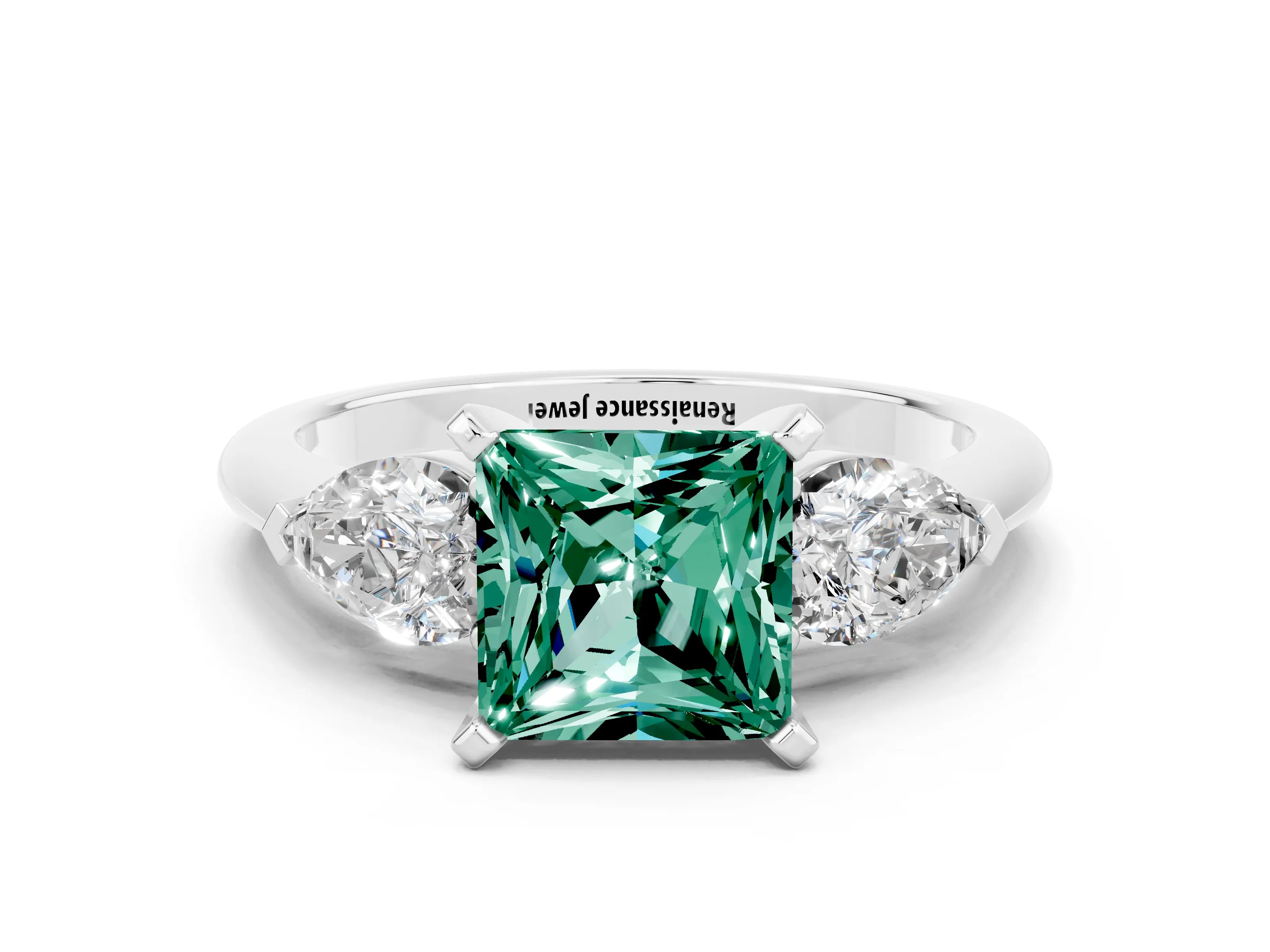 White gold Three-Stone Princess Cut Green Sapphire Ring with Pear Side Stones and Four-Prong Setting