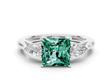 White gold Three-Stone Princess Cut Green Sapphire Ring with Pear  Side Stones in Four-Prong Setting_12