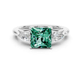 White gold Three-Stone Princess Cut Green Sapphire Ring with Pear  Side Stones in Four-Prong Setting_48