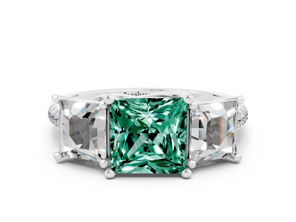 Platinum Three-Stone Princess Cut Green Sapphire Ring with Round  Pavé Band and Prong Setting