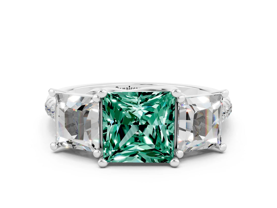 White gold Three-Stone Princess Cut Green Sapphire Ring with Round  Pavé Band and Prong Setting_12