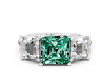 White gold Three-Stone Princess Cut Green Sapphire Ring with Round  Pavé Band and Prong Setting_12