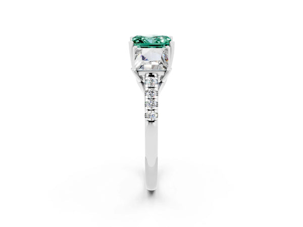 White gold Three-Stone Princess Cut Green Sapphire Ring with Round  Pavé Band and Prong Setting