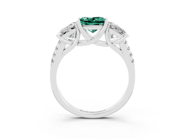 Platinum Three-Stone Princess Cut Green Sapphire Ring with Round  Pavé Band and Prong Setting