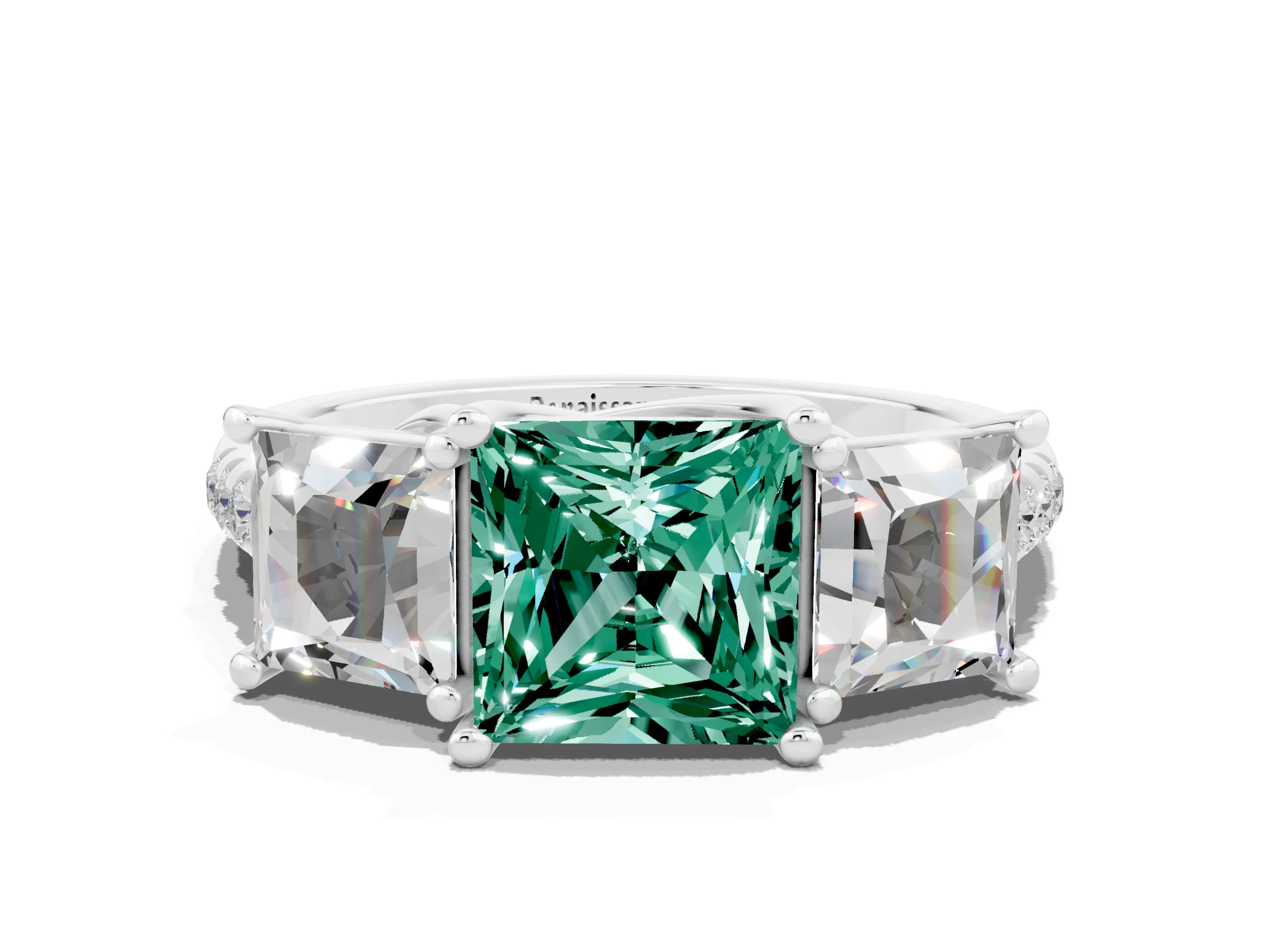 White gold Three-Stone Princess Cut Green Sapphire Ring with Round  Pavé Band and Prong Setting_55