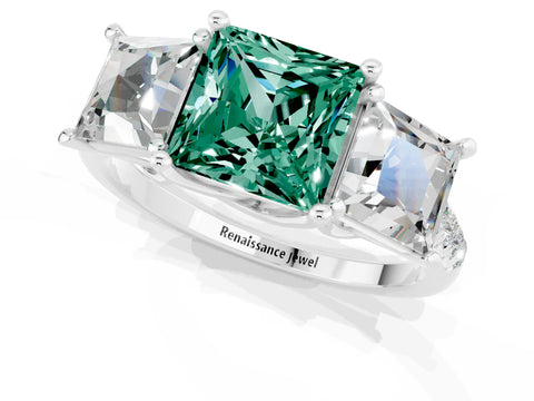 White gold Three-Stone Princess Cut Green Sapphire Ring with Round  Pavé Band and Prong Setting_56