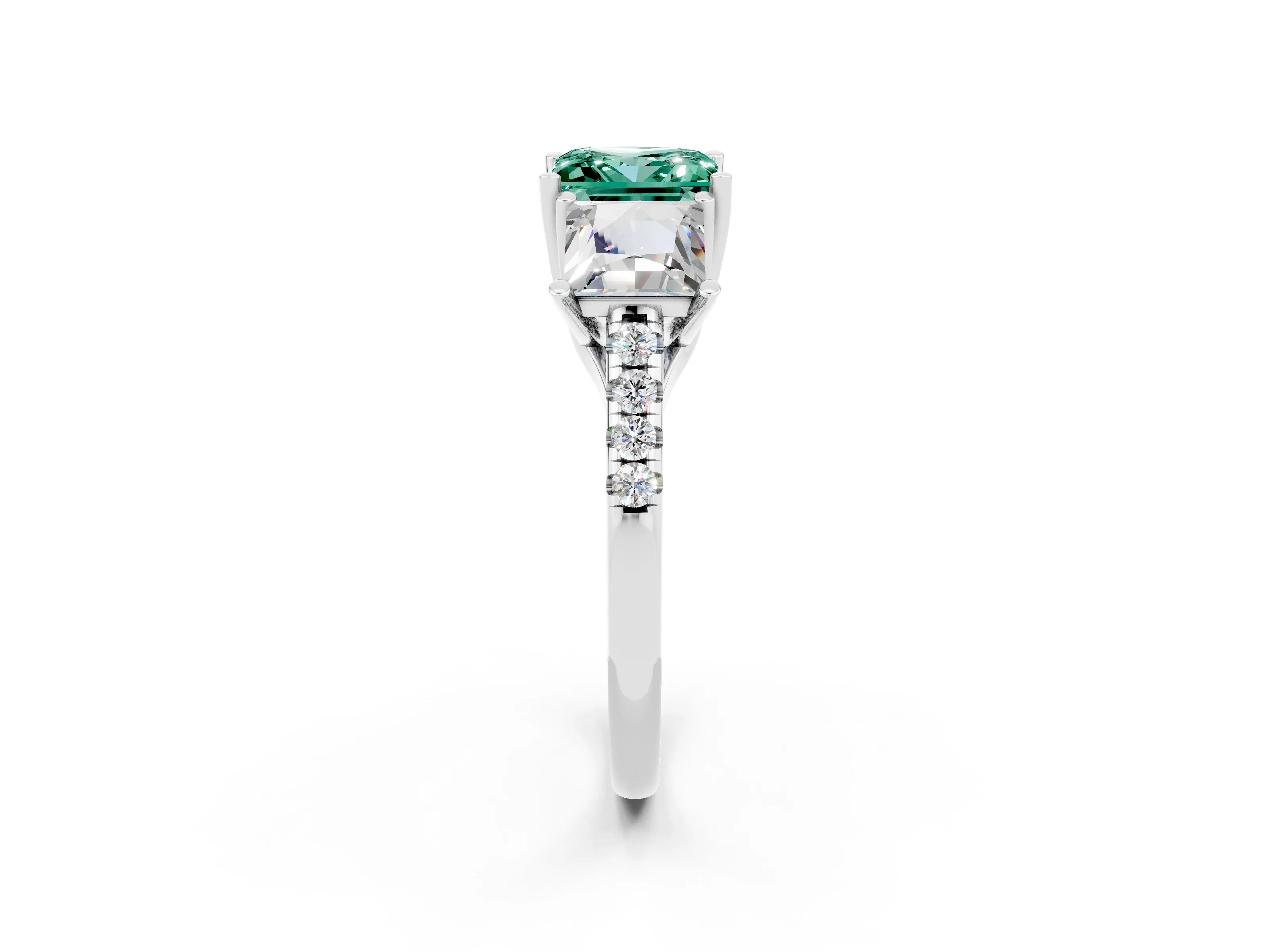 White gold Three-Stone Princess Cut Green Sapphire Ring with Round  Pavé Band and Prong Setting_57