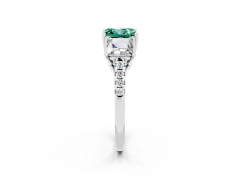 White gold Three-Stone Princess Cut Green Sapphire Ring with Round  Pavé Band and Prong Setting_57