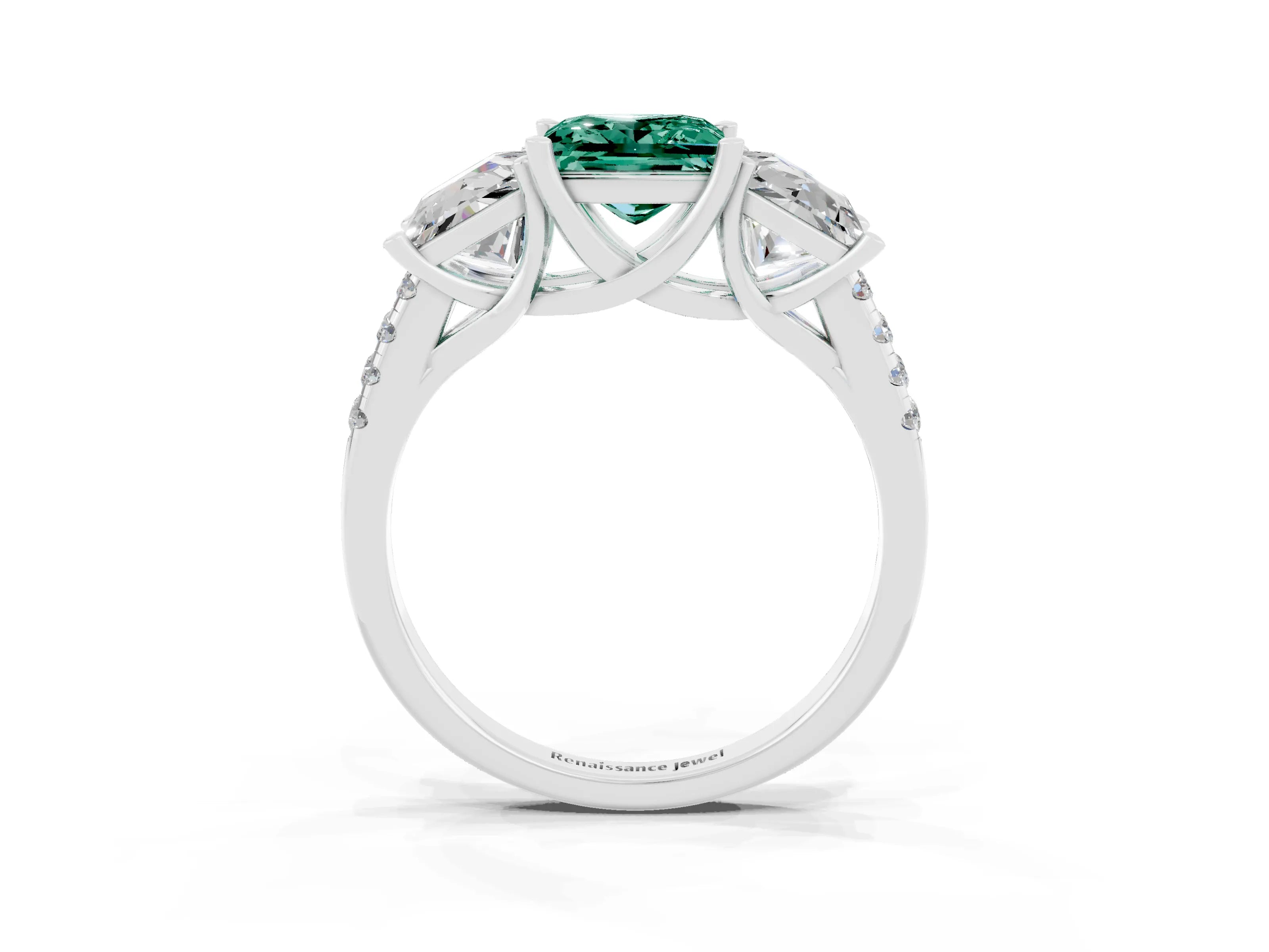 White gold Three-Stone Princess Cut Green Sapphire Ring with Round  Pavé Band and Prong Setting_58