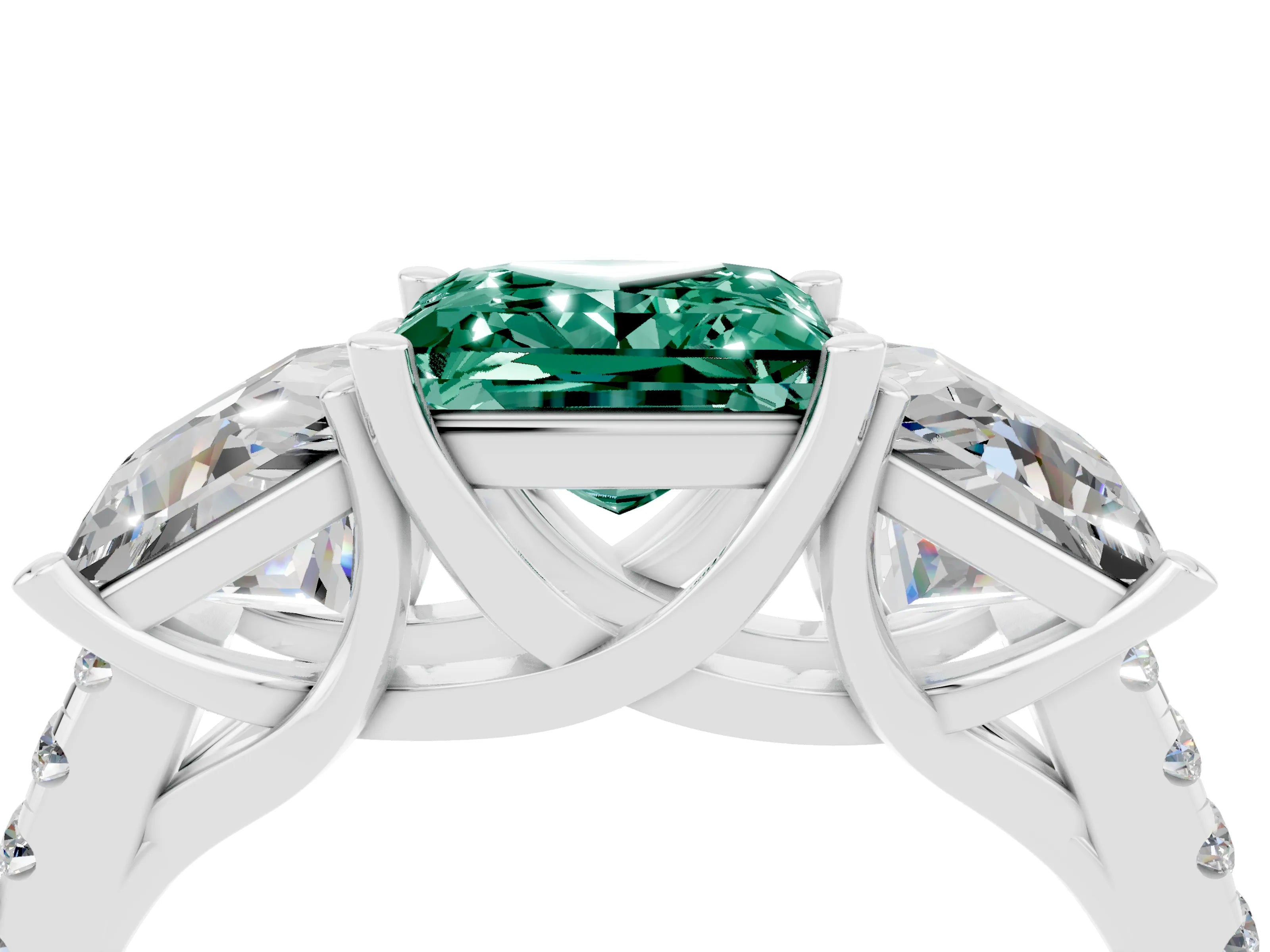 White gold Three-Stone Princess Cut Green Sapphire Ring with Round  Pavé Band and Prong Setting_59
