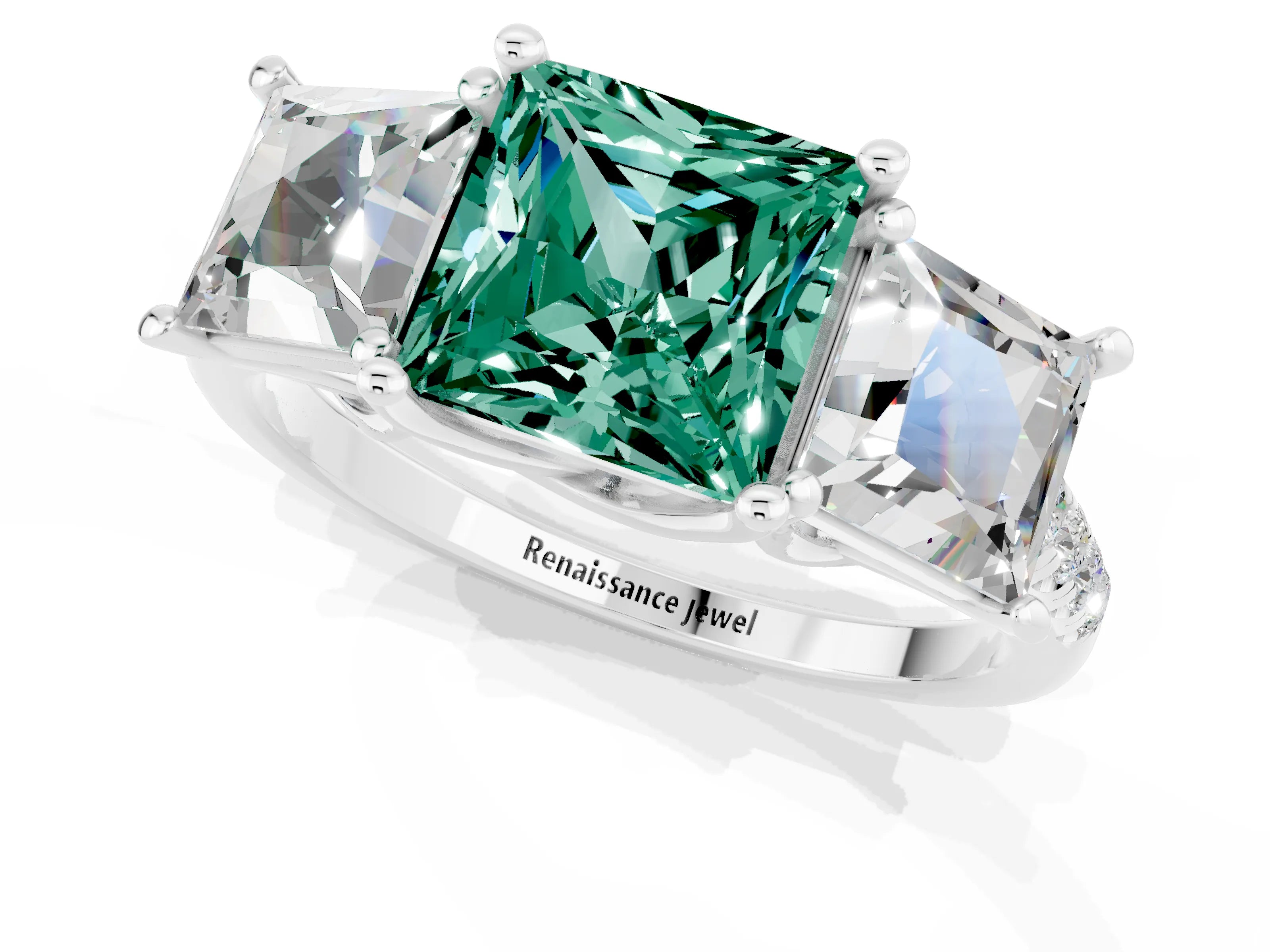 White gold Three-Stone Princess Cut Green Sapphire Ring with Round  Pavé Band and Prong Setting_61