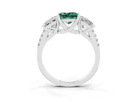 White gold Three-Stone Princess Cut Green Sapphire Ring with Round  Pavé Band and Prong Setting_63