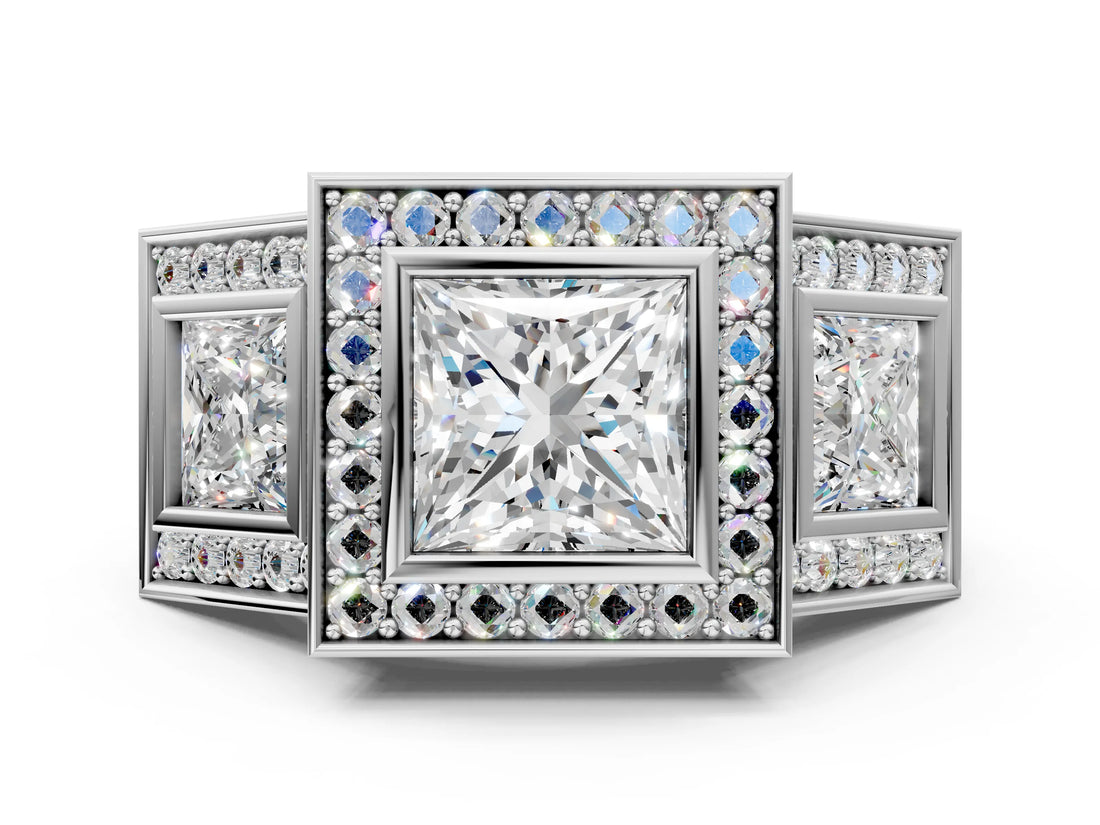 White gold Three-Stone Princess Cut Halo Pavé Diamond Ring_7