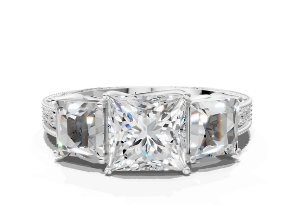 White gold Three-Stone Princess Cut Milgrain Pavé Engagement Ring