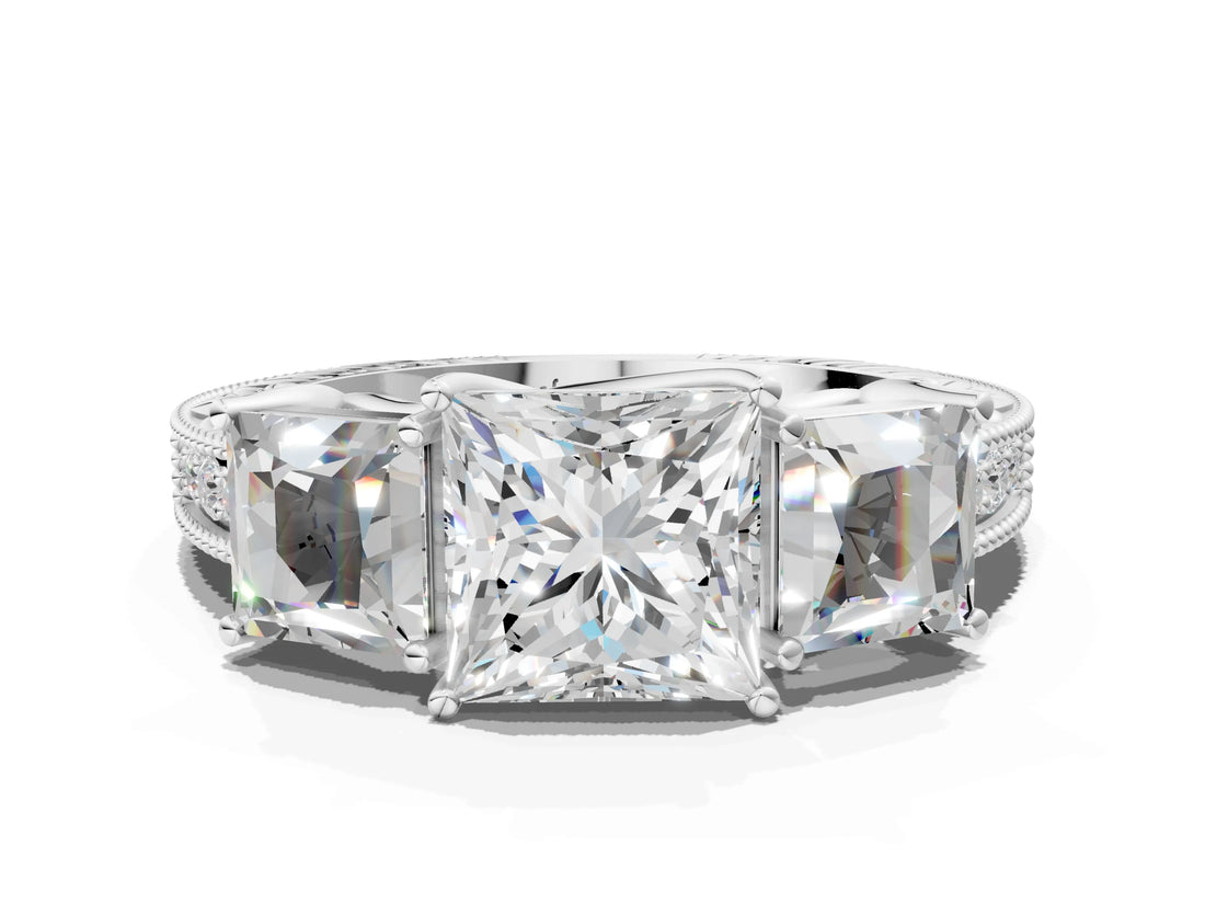 White gold Three-Stone Princess Cut Milgrain Pavé Engagement Ring_119