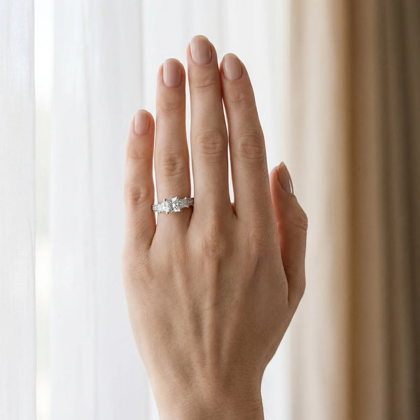 Silver Three-Stone 1.02 Carat E VS1 Emerald Cut Milgrain Pavé Engagement Ring