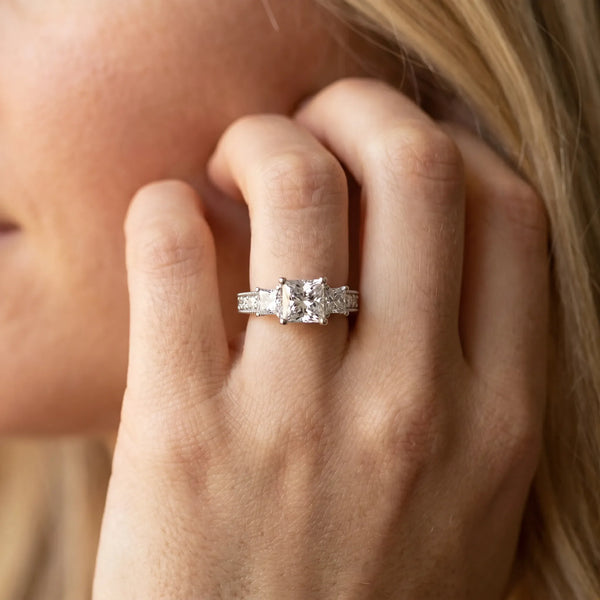 Silver Three-Stone 1.02 Carat E VS1 Emerald Cut Milgrain Pavé Engagement Ring