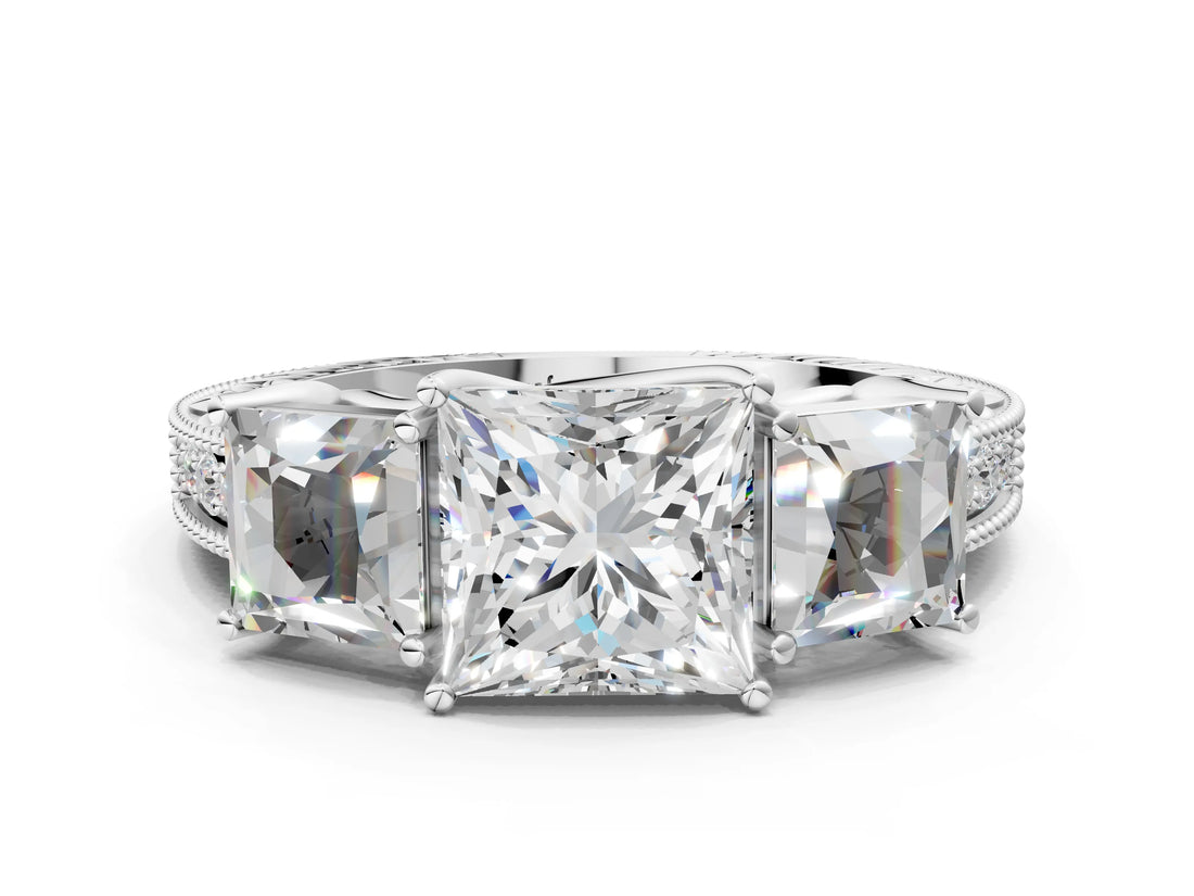White gold Three-Stone Princess Cut Milgrain Pavé Engagement Ring_42