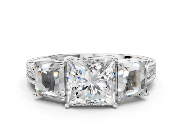 White Gold Princess Cut Vintage Three Stone Engagement Ring Setting with Milgrain Pave Band