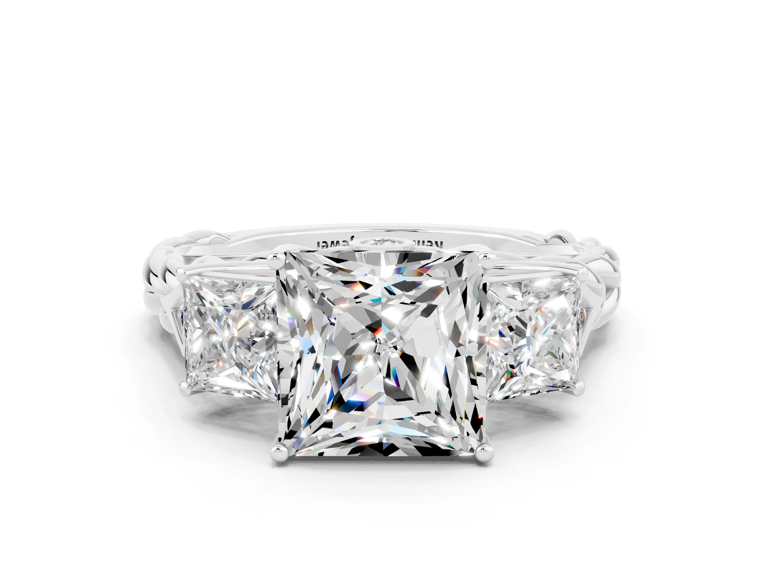 White gold Three-Stone Princess Cut Moissanite Braided Band Ring with Four-Prong Setting_42