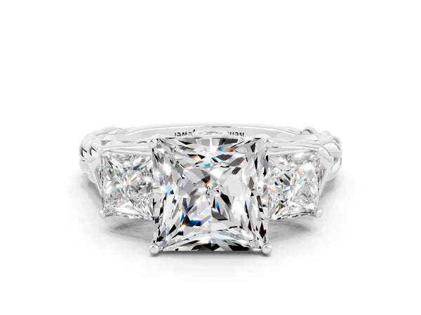 Silver Three-Stone Princess Cut Moissanite Braided Band Ring with Four-Prong Setting
