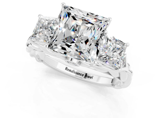 Silver Three-Stone Princess Cut Moissanite Braided Band Ring with Four-Prong Setting