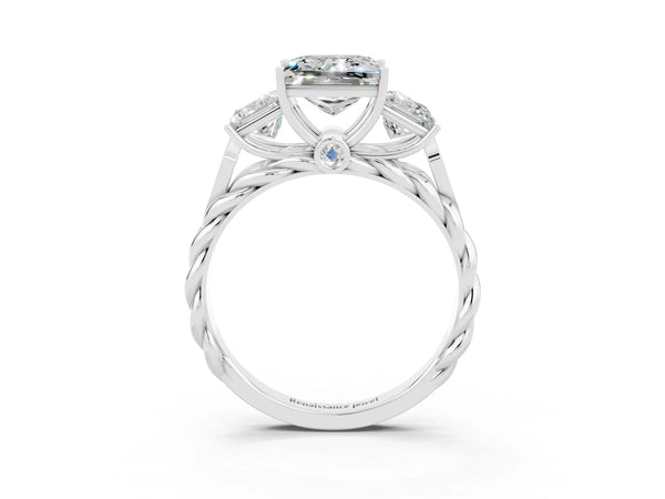 White gold Three-Stone Princess Cut Moissanite Braided Band Ring with Four-Prong Setting