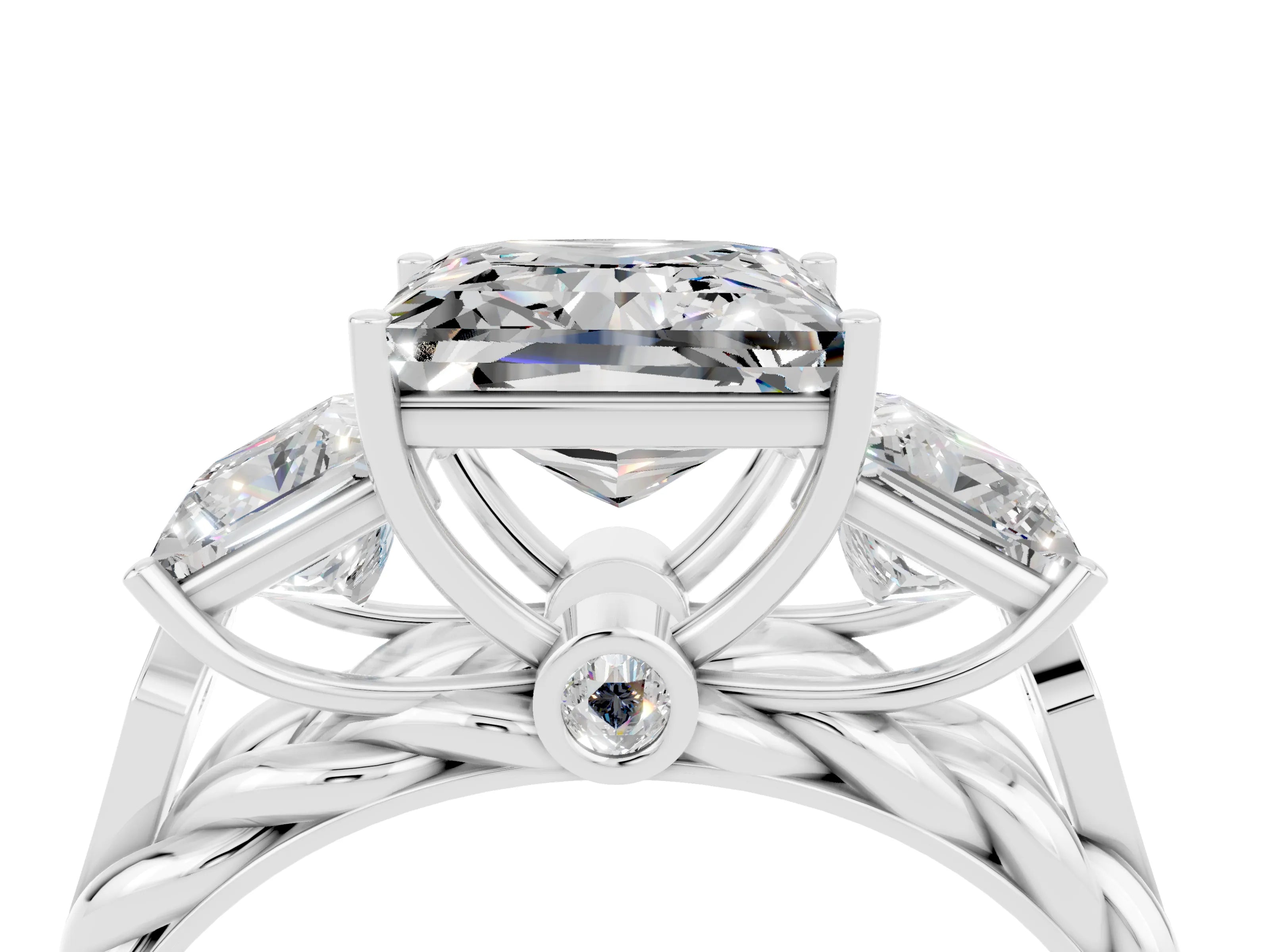White gold Three-Stone Princess Cut Moissanite Braided Band Ring with Four-Prong Setting_46
