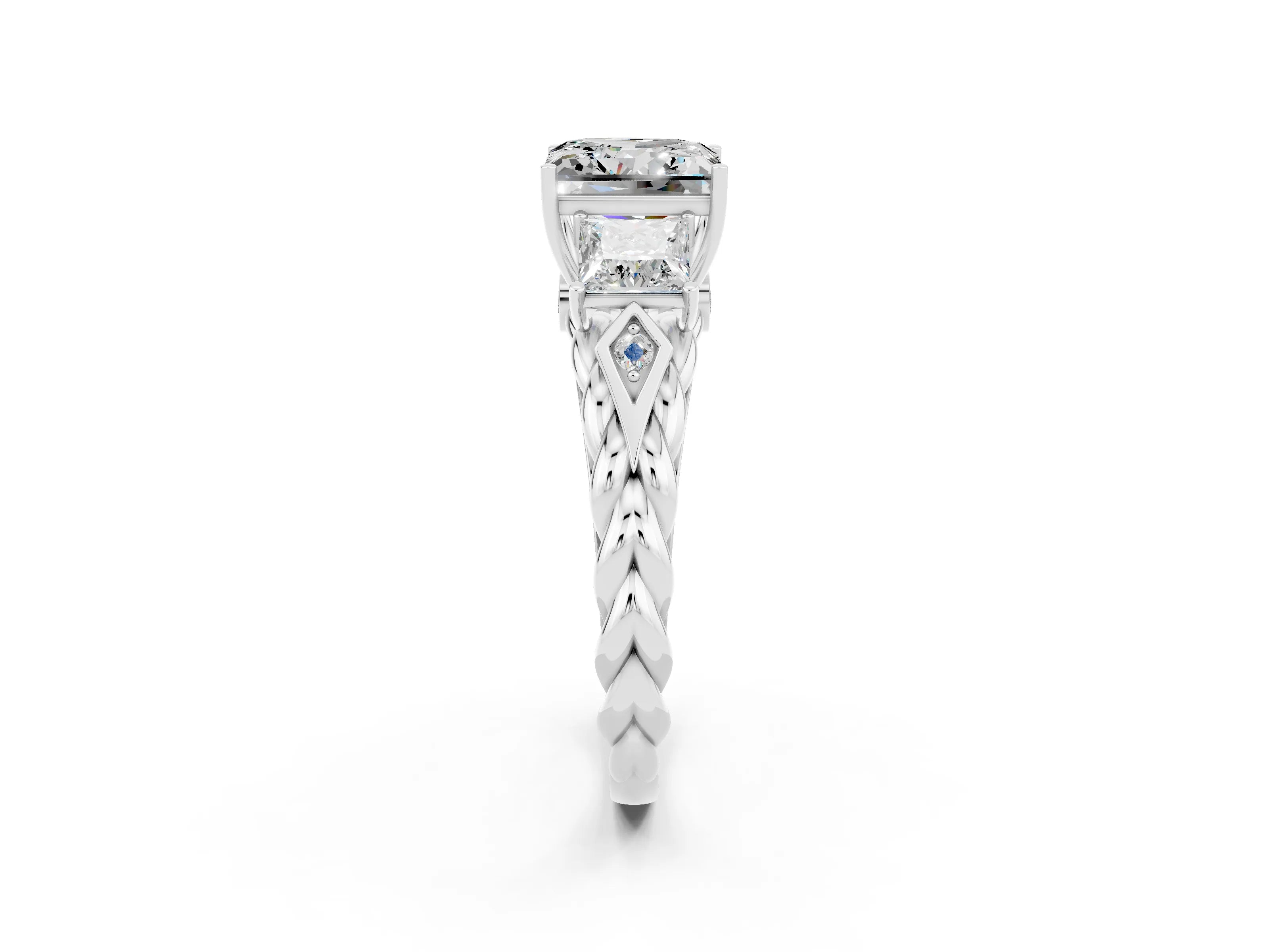 White gold Three-Stone Princess Cut Moissanite Braided Band Ring with Four-Prong Setting_48