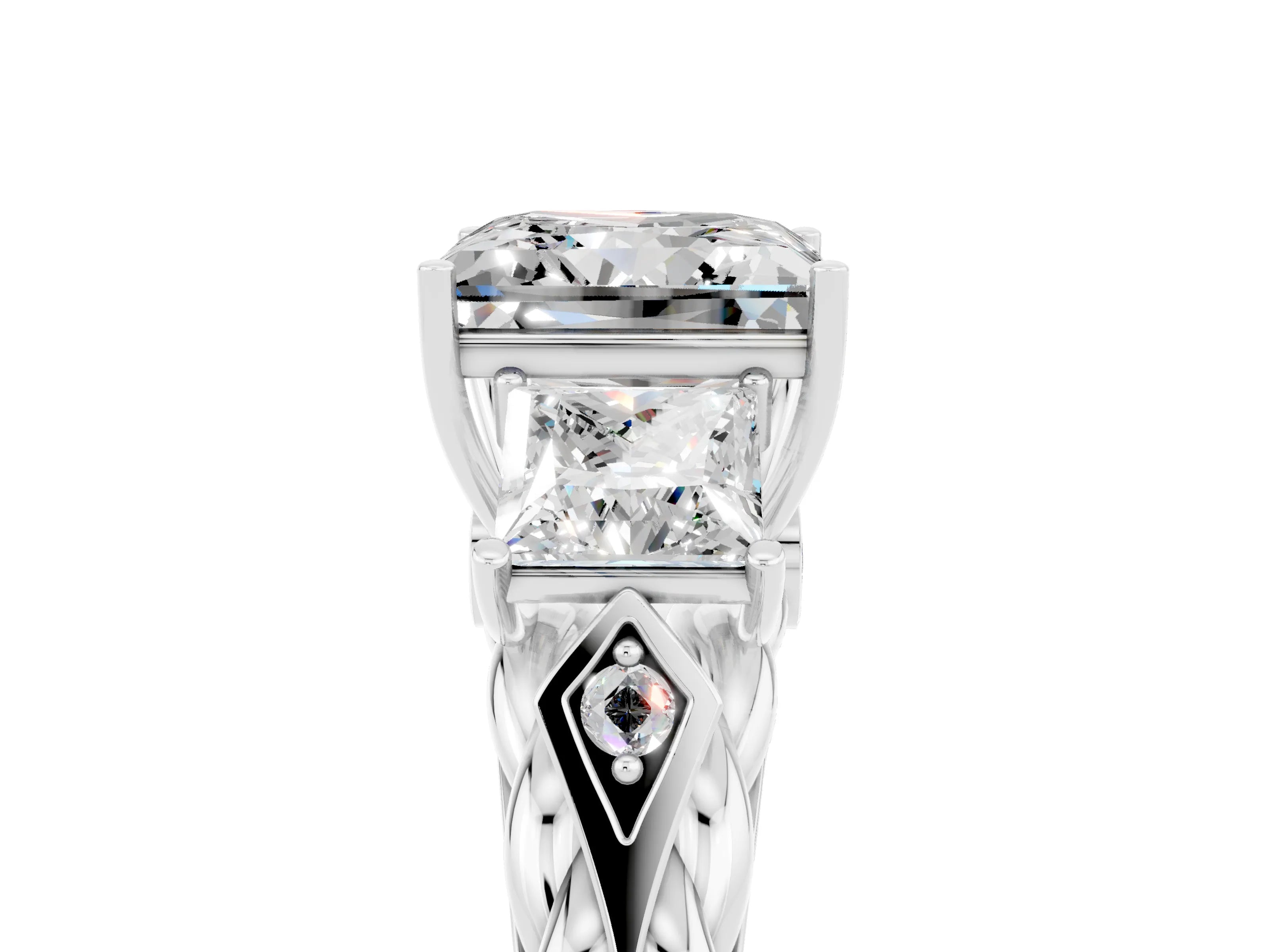 White gold Three-Stone Princess Cut Moissanite Braided Band Ring with Four-Prong Setting_51