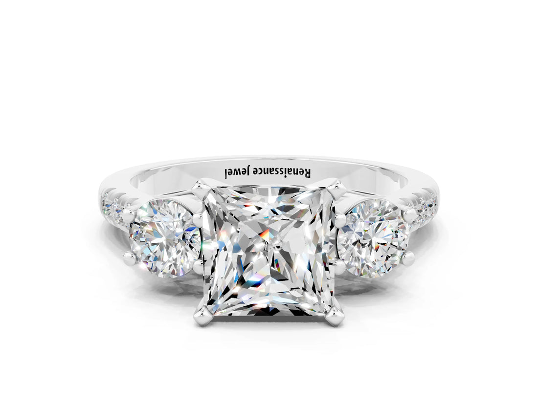 White gold Three-Stone Princess Cut Moissanite Pavé Band with Four-Prong Setting