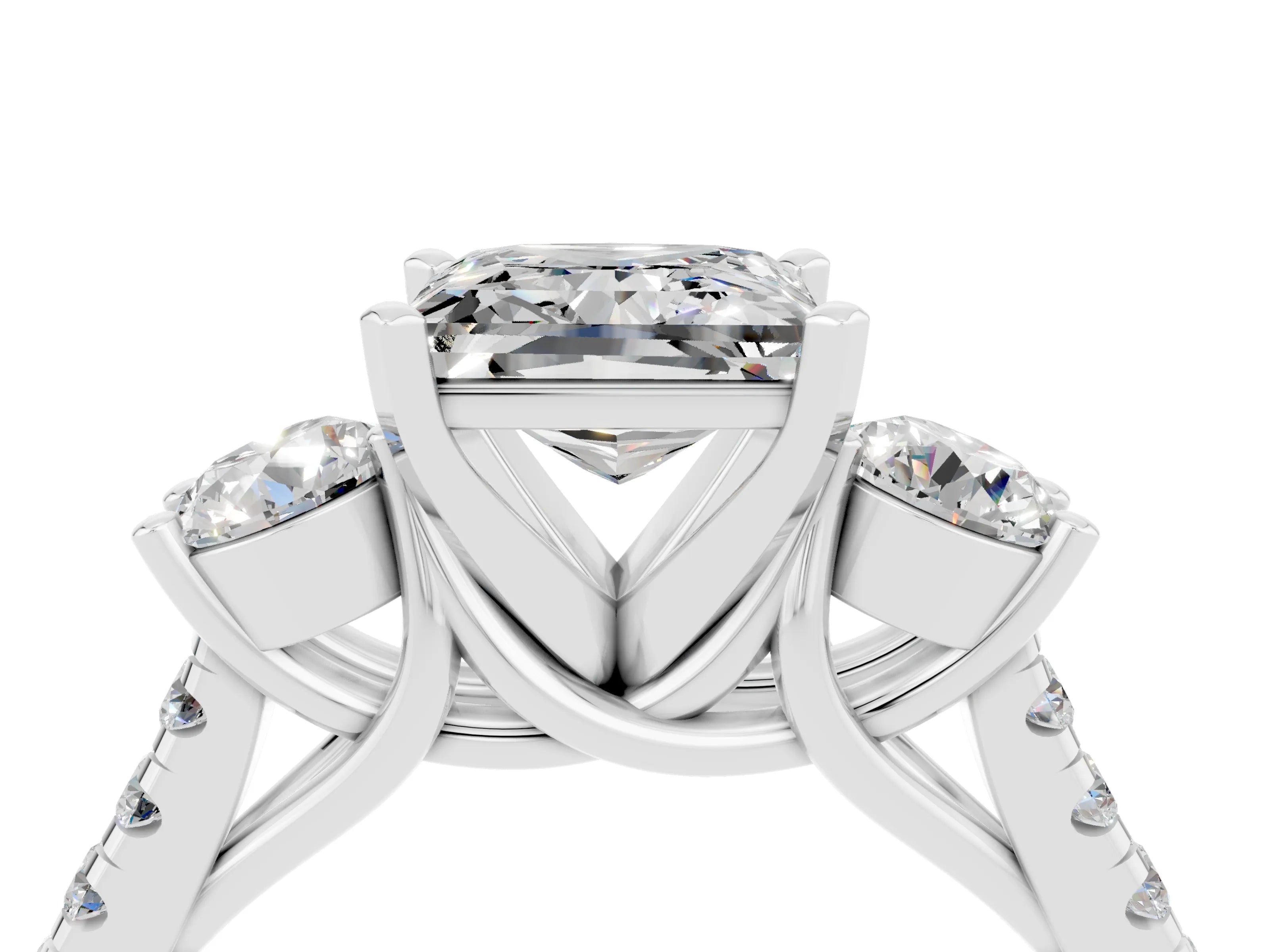 White gold Three-Stone Princess Cut Moissanite Pavé Band with Four-Prong Setting_4