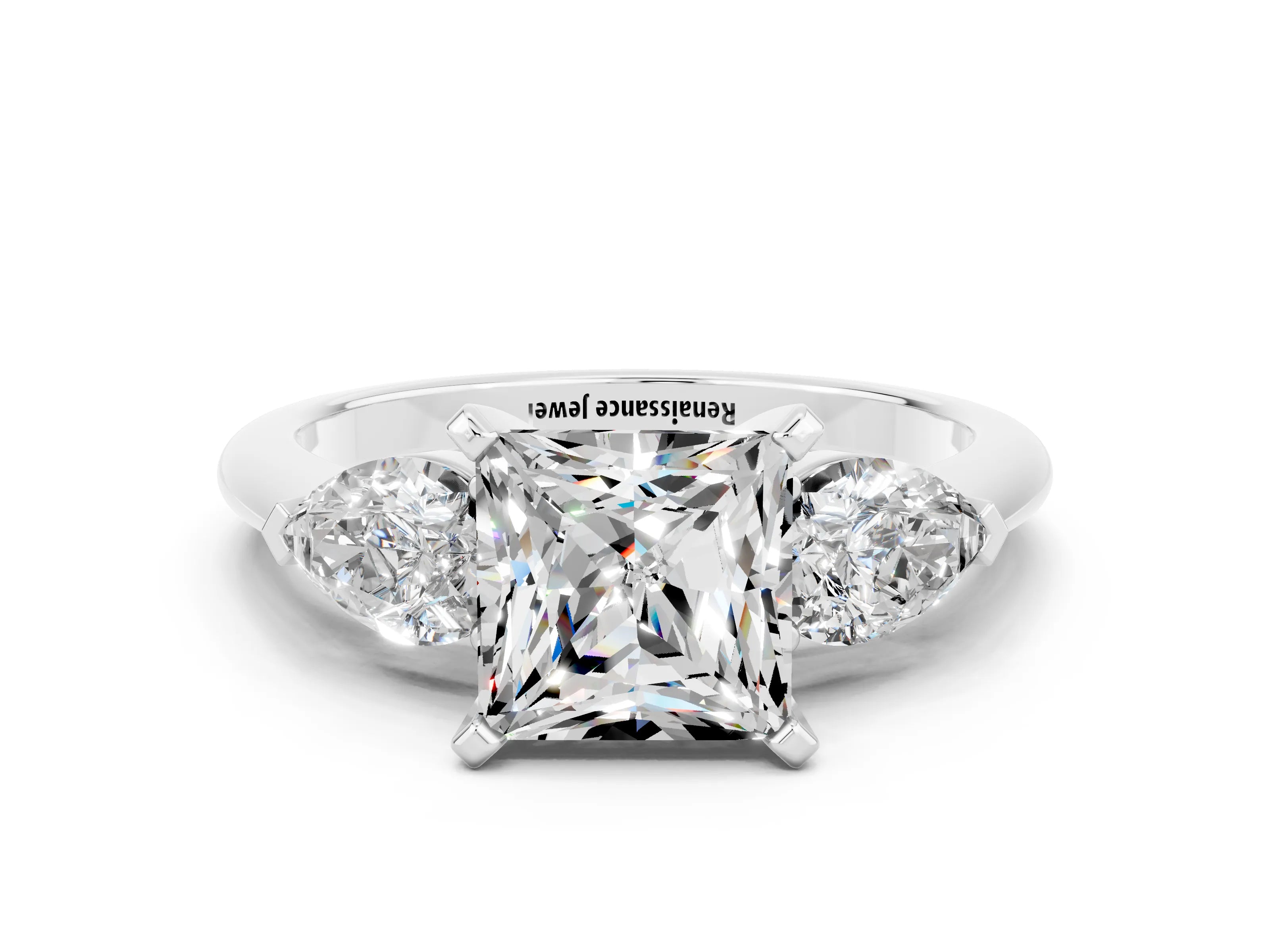 White gold Three-Stone Princess Cut Moissanite Ring with Pear Side Stones and Four-Prong Setting_18