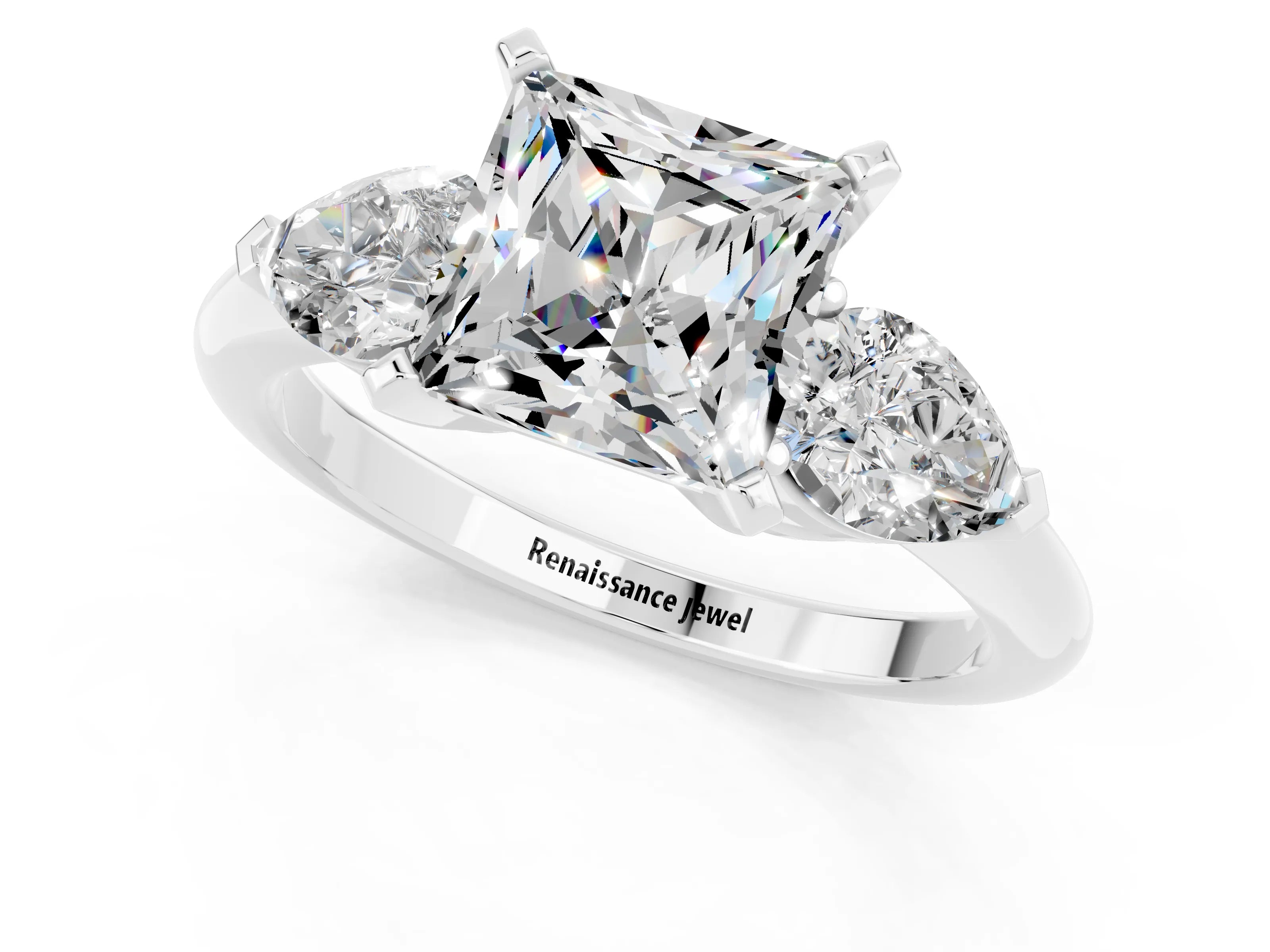 White gold Three-Stone Princess Cut Moissanite Ring with Pear Side Stones and Four-Prong Setting_20
