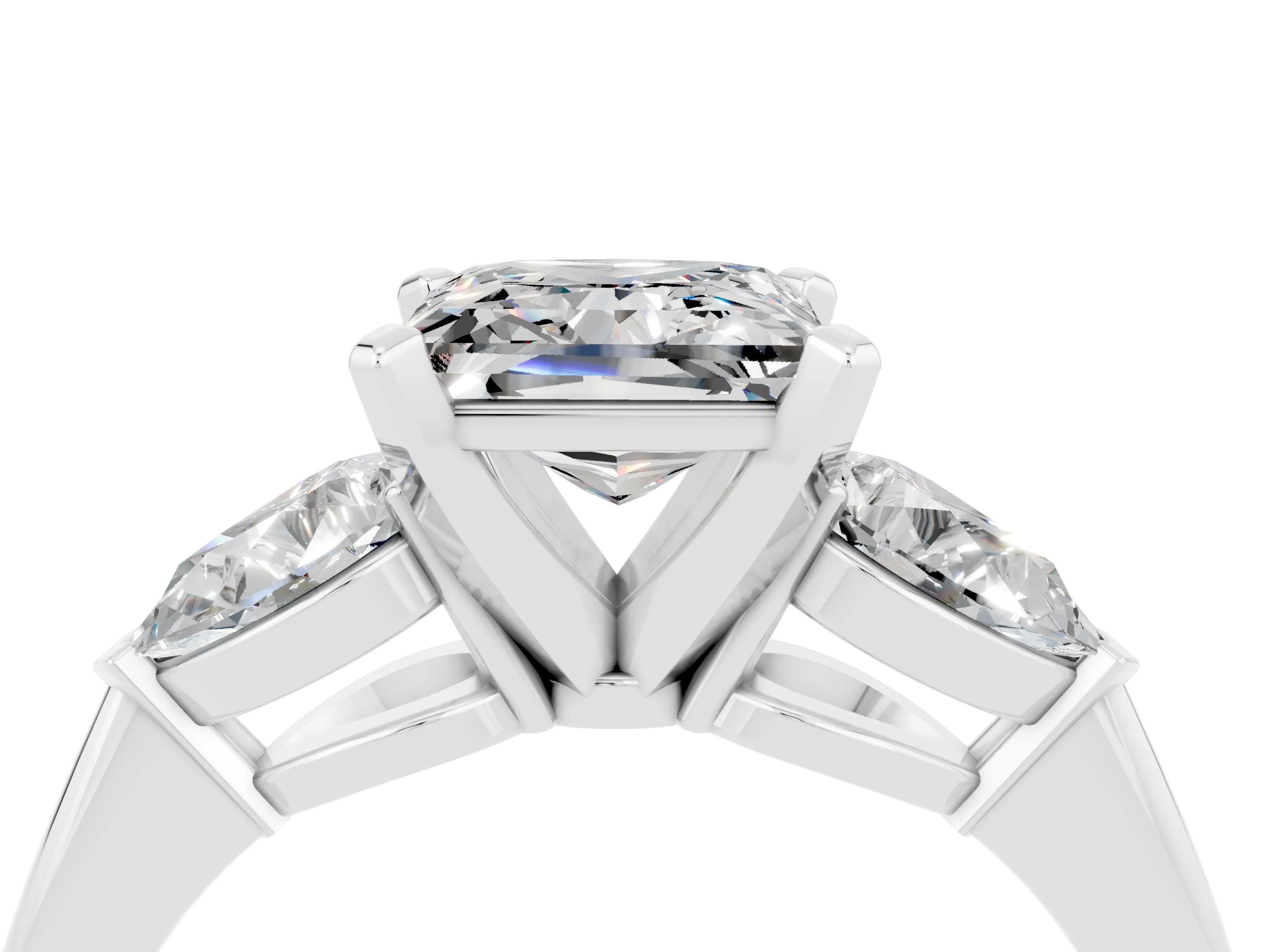 White gold Three-Stone Princess Cut Moissanite Ring with Pear Side Stones and Four-Prong Setting_23