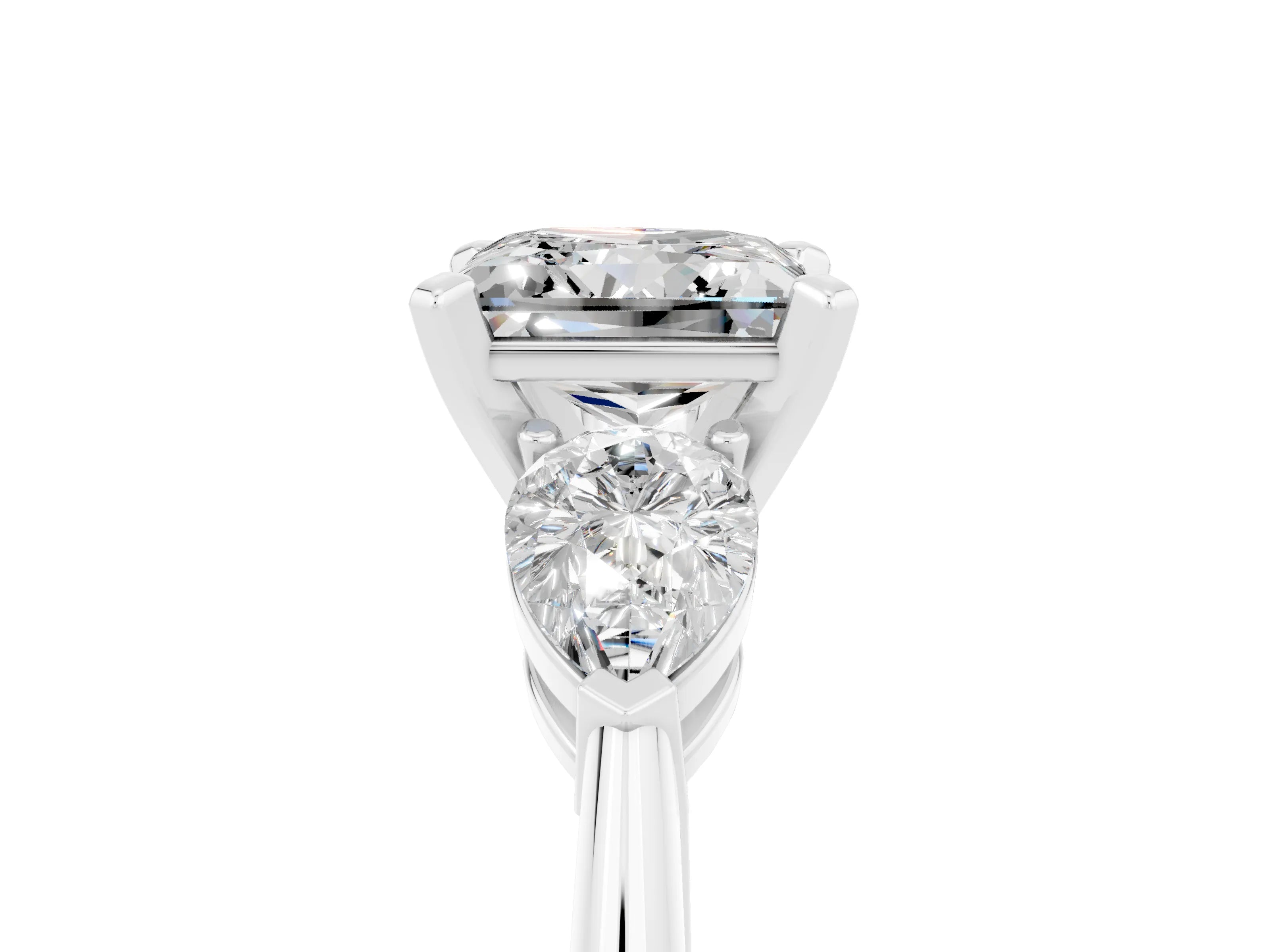 White gold Three-Stone Princess Cut Moissanite Ring with Pear Side Stones and Four-Prong Setting_23