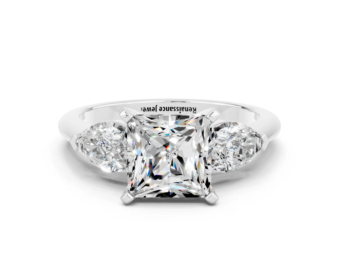 White gold Three-Stone Princess Cut Moissanite Ring with Pear Side Stones and Four-Prong Setting_24