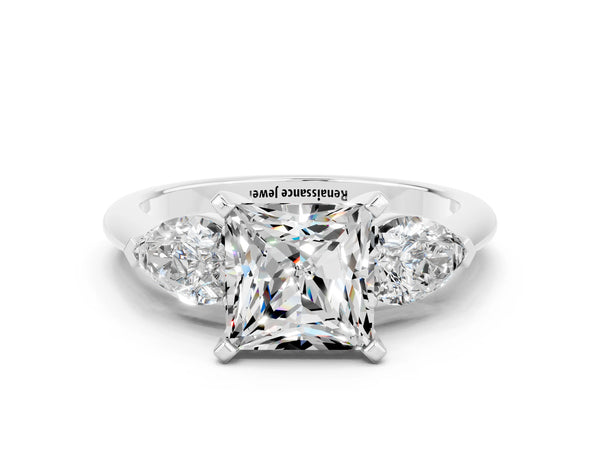 Platinum Three-Stone Princess Cut Moissanite Ring with Pear Side Stones and Four-Prong Setting