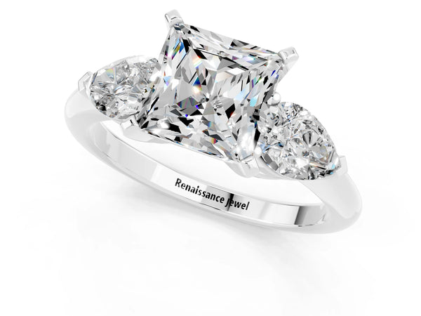 Platinum Three-Stone Princess Cut Moissanite Ring with Pear Side Stones and Four-Prong Setting