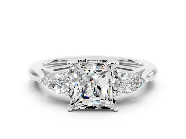 Platinum Three-Stone Princess Cut Moissanite Ring with Pear  Side Stones in Four-Prong Setting