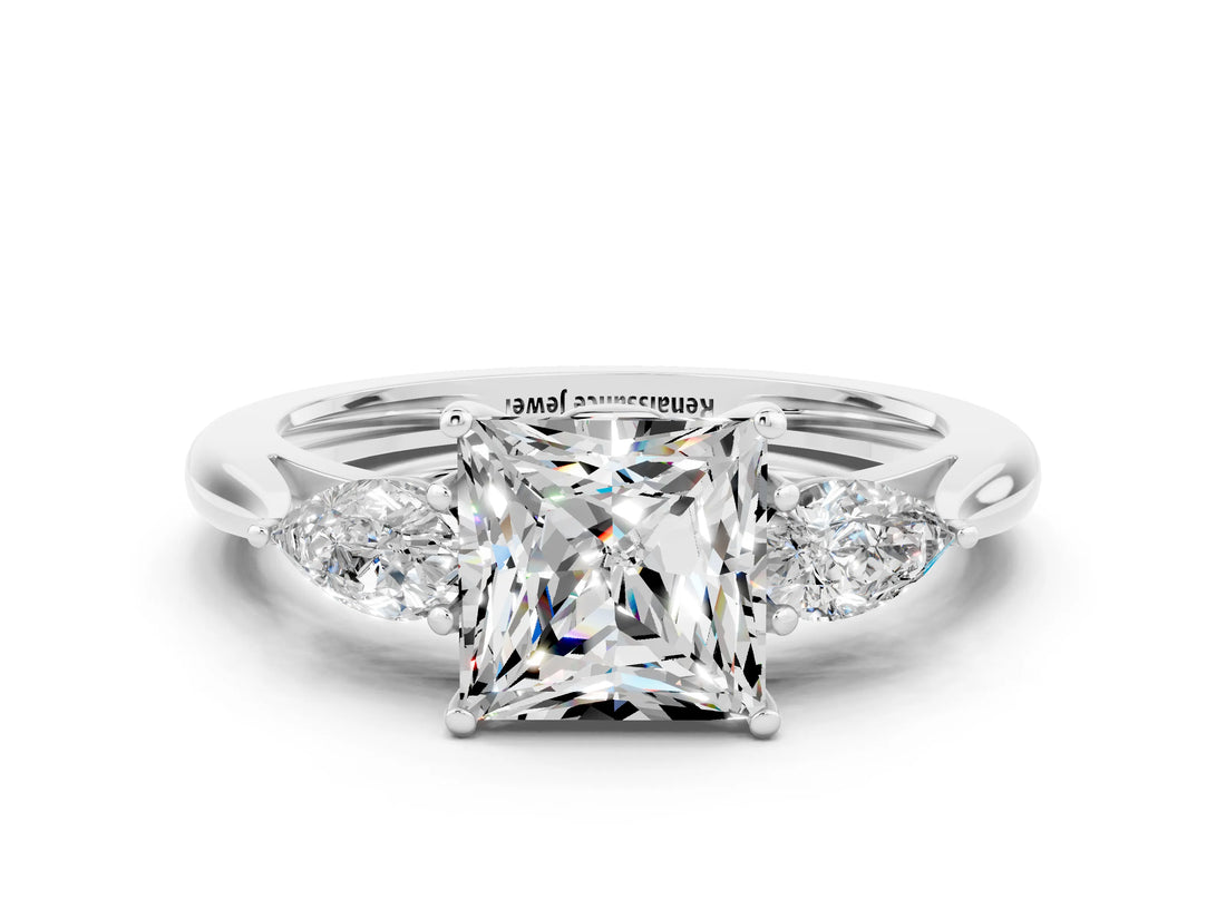 White gold Three-Stone Princess Cut Moissanite Ring with Pear  Side Stones in Four-Prong Setting_12