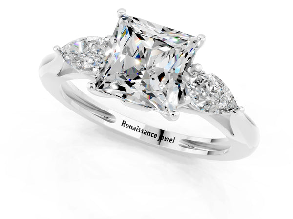 Platinum Three-Stone Princess Cut Moissanite Ring with Pear  Side Stones in Four-Prong Setting