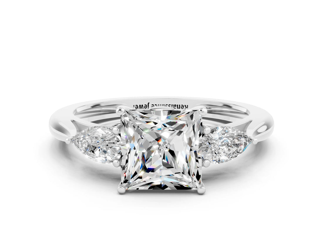 White gold Three-Stone Princess Cut Moissanite Ring with Pear  Side Stones in Four-Prong Setting_48