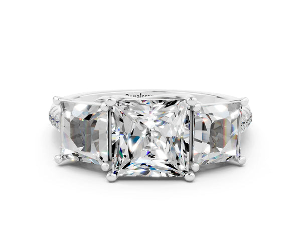White gold Three-Stone Princess Cut Moissanite Ring with Round  Pavé Band and Prong Setting