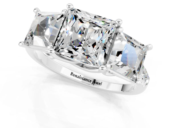 Platinum Three-Stone Princess Cut Moissanite Ring with Round  Pavé Band and Prong Setting