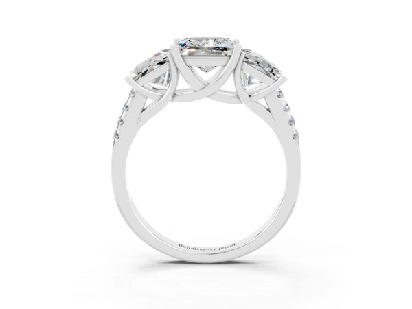 Platinum Three-Stone Princess Cut Moissanite Ring with Round  Pavé Band and Prong Setting